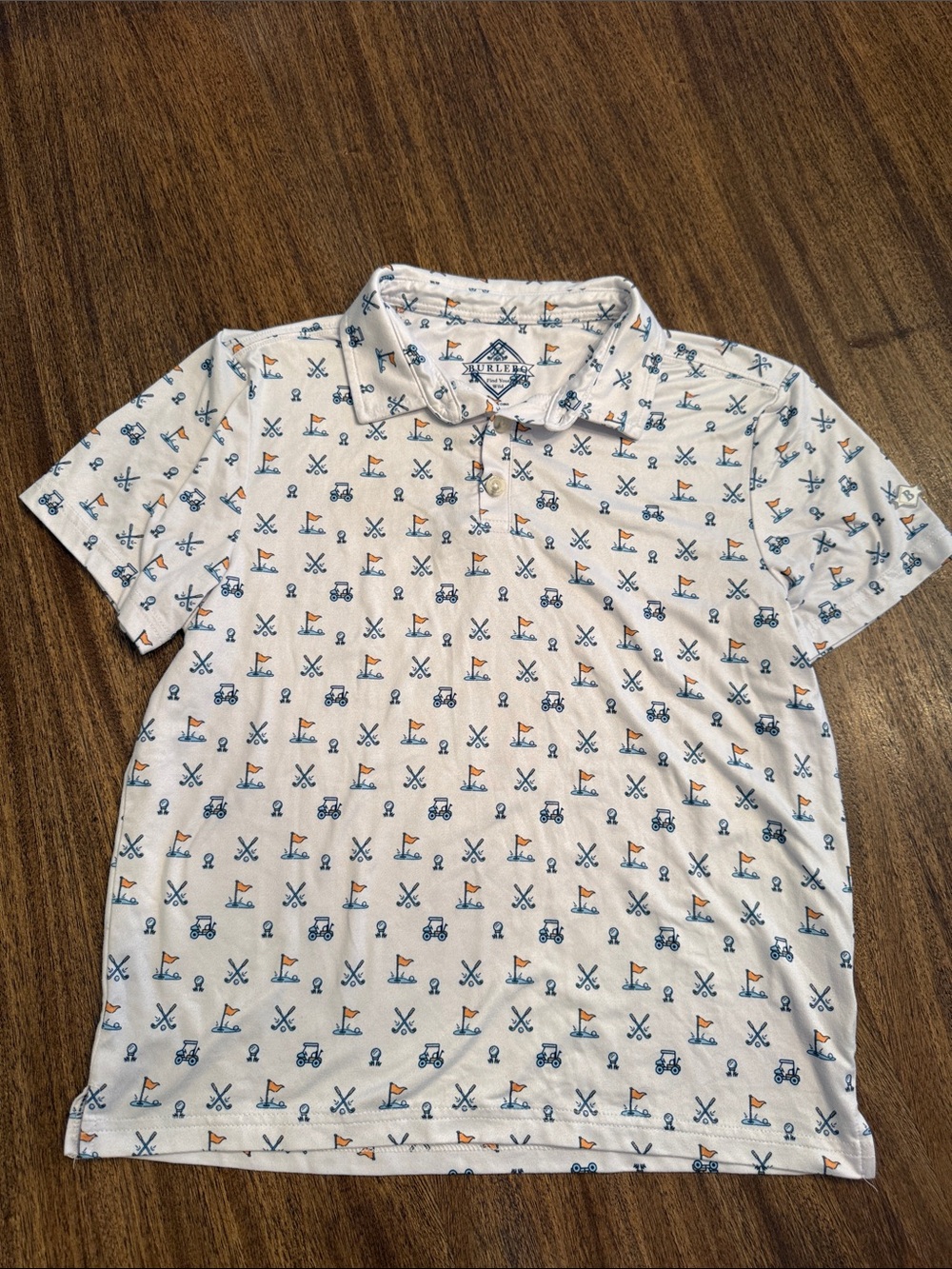BURLEBO boys size L 10/12White Polo with Blue & Orange Golf Motif